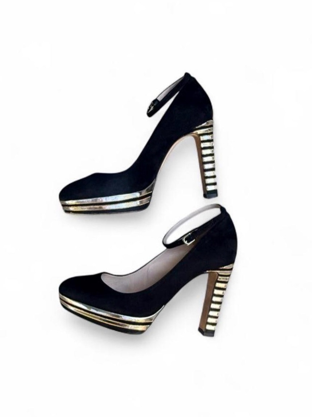 Black Suede Ankle-Strap Platform Pumps W/ Gold & Silver Stacked Heel & Platform